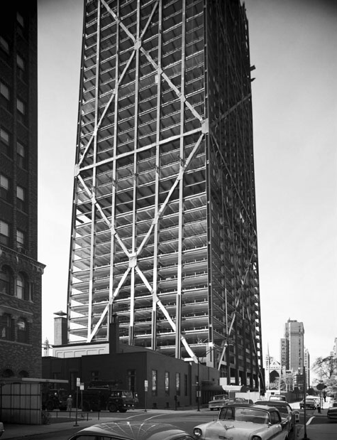 Steel beams and concrete floors visible as shell of what would become John Hancock Center in Chicago is builty