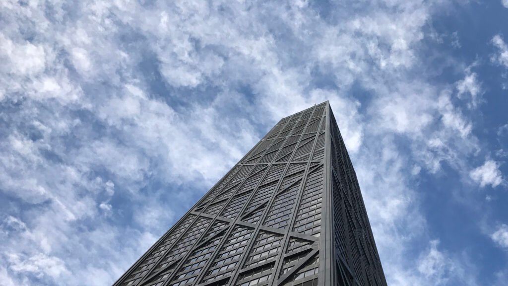 Striking black tower pierces the sky